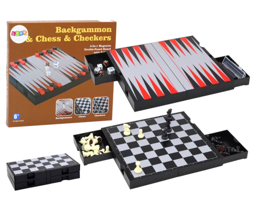 Magnetiga 3-ühes mängukomplekt: male, kabe ja backgammon, peal mängijate figure ja täringud.