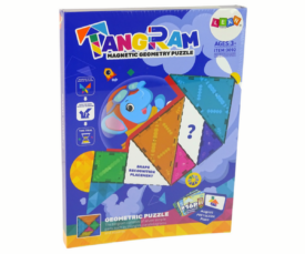 Tangram puzzle pakend, kus on näidatud 7 magnetploki ja mängu omadused.