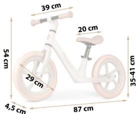 Kerge laste tasakaaluratas Light Flee Nukido mõõtude diagramm, näidates rikkaid ja praktilisi mõõtmeid.