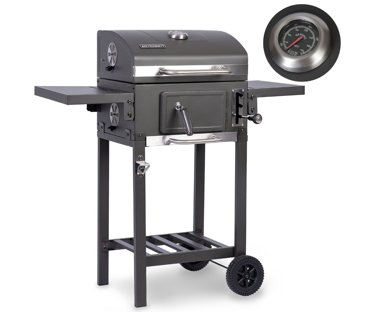 Söegrill Berdsen BBQChef™ BD-892 esifoto, kus on näha grillimislauad ja temperatuurimõõtja.