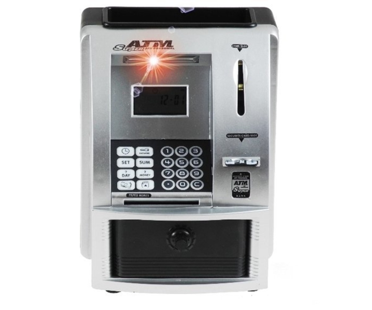 Rahakassa sularahaautomaat ATM – lõbus ja õpetlik, vaade esiplaanilt.