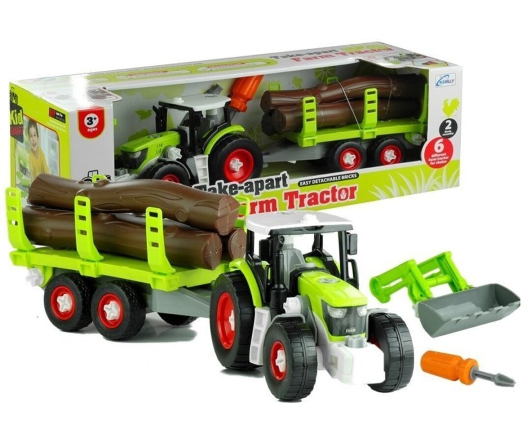 Komplekt traktor ja haagis puidu transportimiseks, sisaldab logisid ja tööriistu.