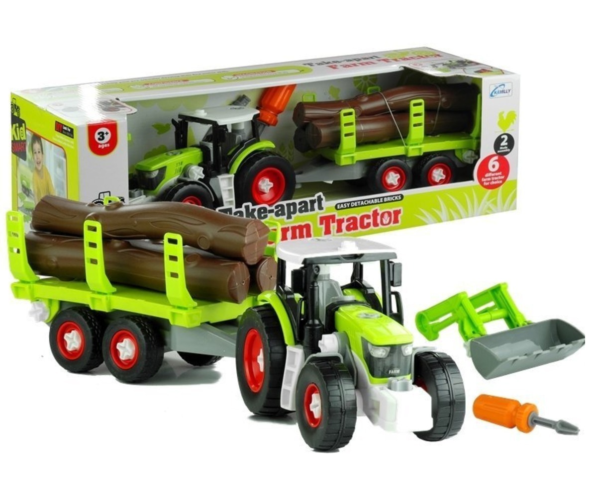 Komplekt traktor ja haagis puidu transportimiseks, sisaldab logisid ja tööriistu.