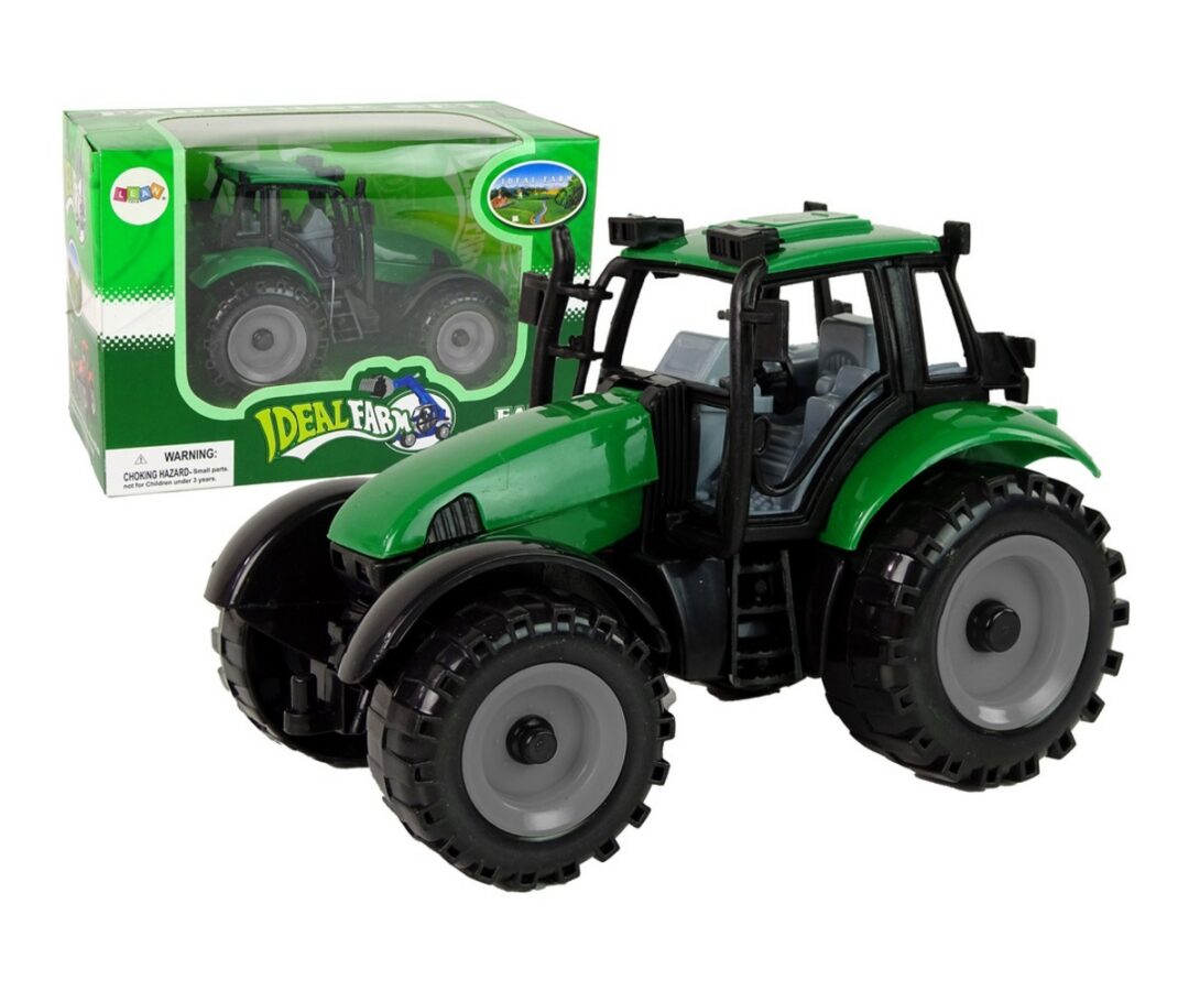 Traktor Ideal Farm Green avaneva kapotiga esiküljest, mustade rehvide ja rohelise kerega.
