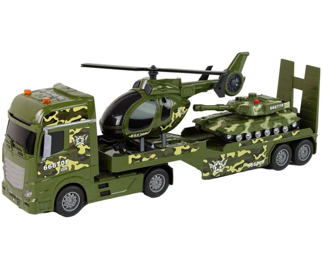 Militaarne mängukomplekt: tank, helikopter ja veoauto külgvaates