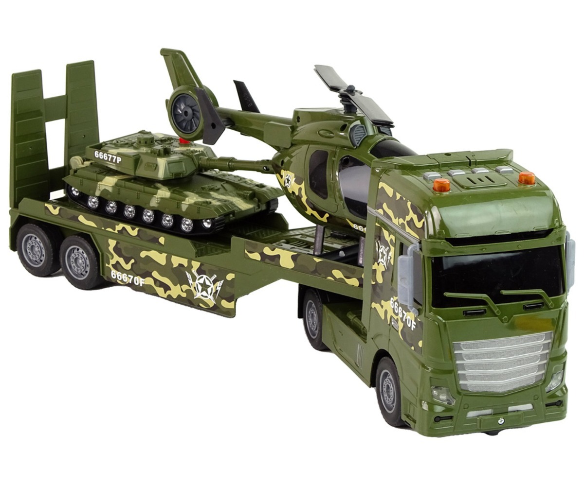 Militaarne mängukomplekt: tank, helikopter ja veoauto lähemal
