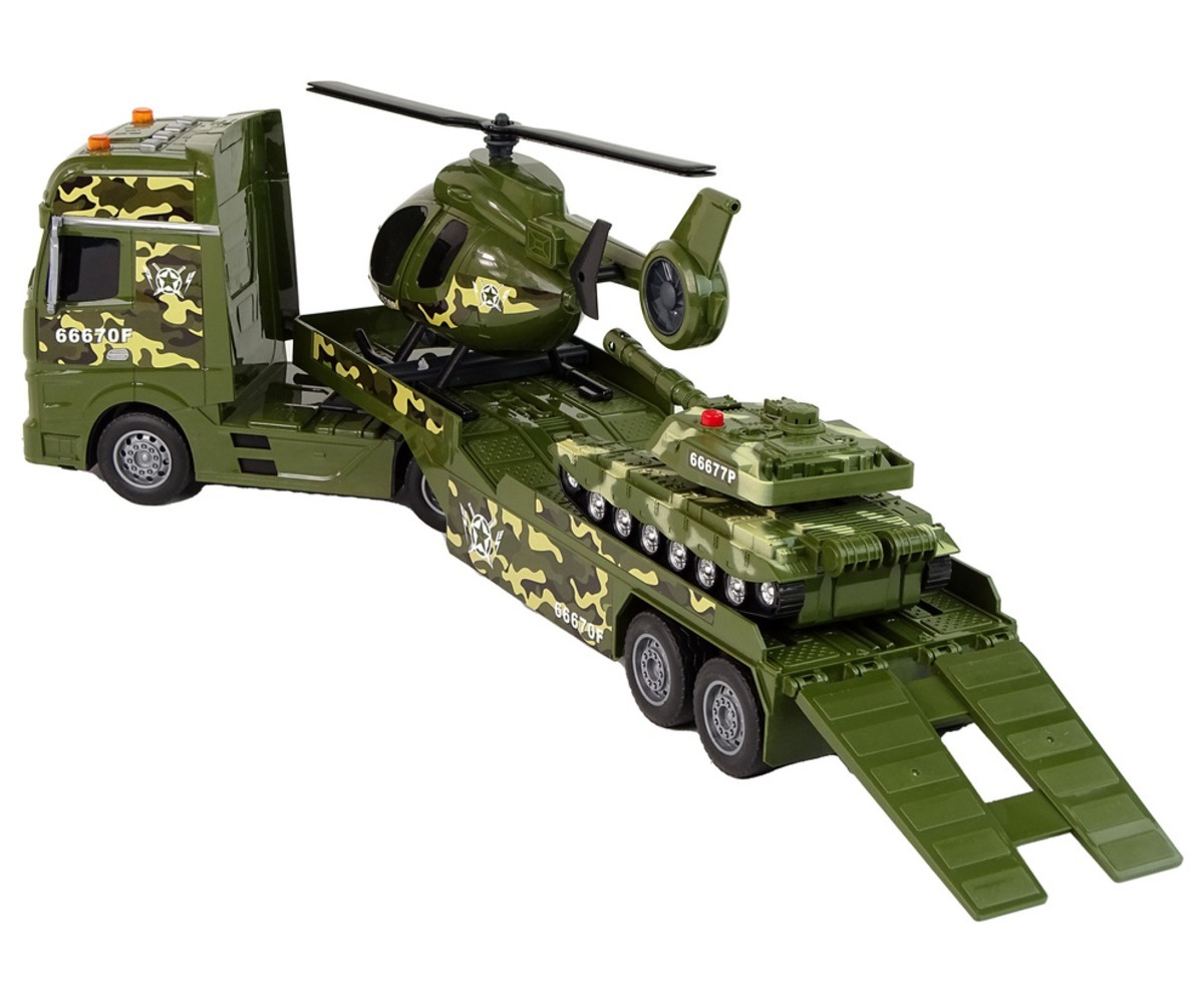 Militaarne mängukomplekt: tank, helikopter ja veoauto tagantvaates