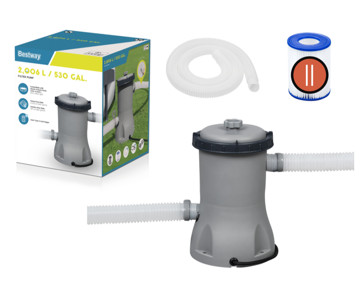 Filtripump basseinile 2006 L/h – Bestway 58383, komplektis tarvikud ja filtrikarp.