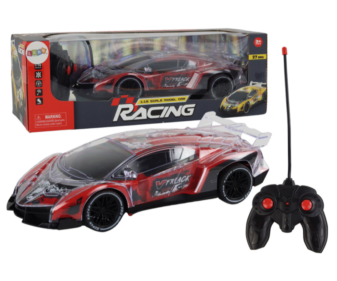 Kaugjuhitav RC Sportauto 1:16 skaalal punane koos kaugjuhtimispuldiga.