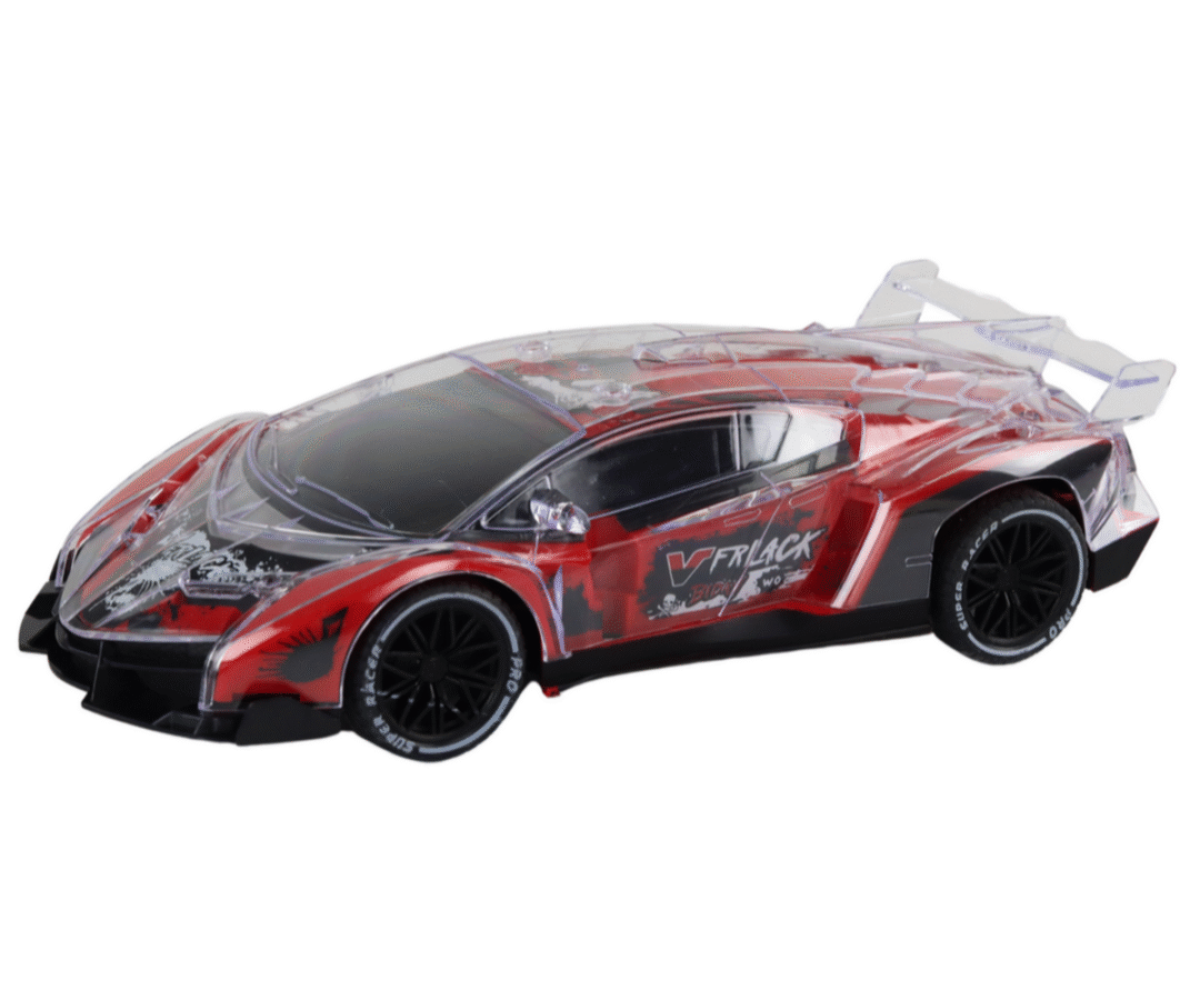Kaugjuhitav RC Sportauto 1:16 skaalal punane, nähtav külgvaates.