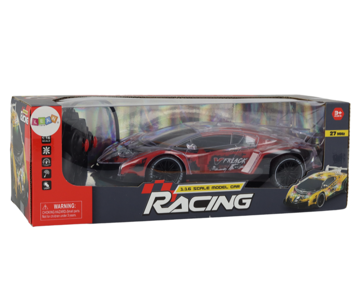 Kaugjuhitav RC Sportauto 1:16 skaalal punane pakendatud koos kaugjuhtimispuldiga.