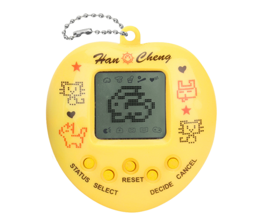 Kollane Virtuaalne lemmikloomamäng – Tamagotchi, ekraanil lemmikloom.