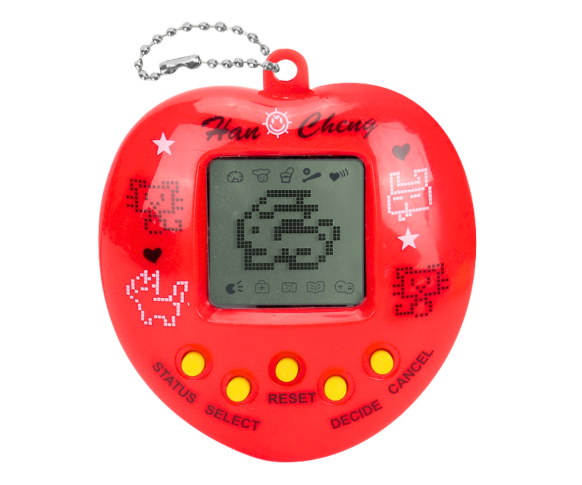 Punane Virtuaalne lemmikloomamäng – Tamagotchi, ekraanil lemmikloom.