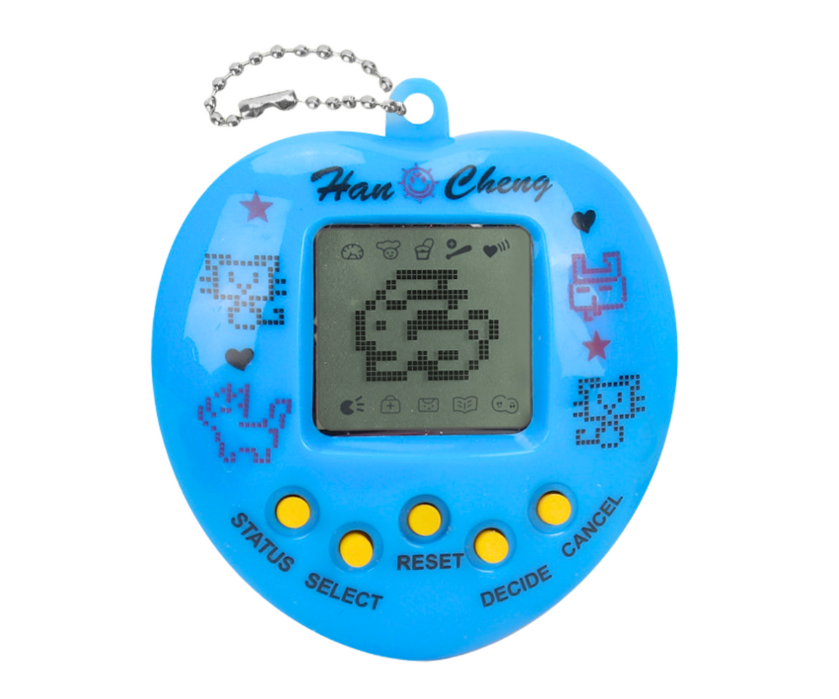 Sinine Virtuaalne lemmikloomamäng – Tamagotchi, ekraanil lemmikloom.