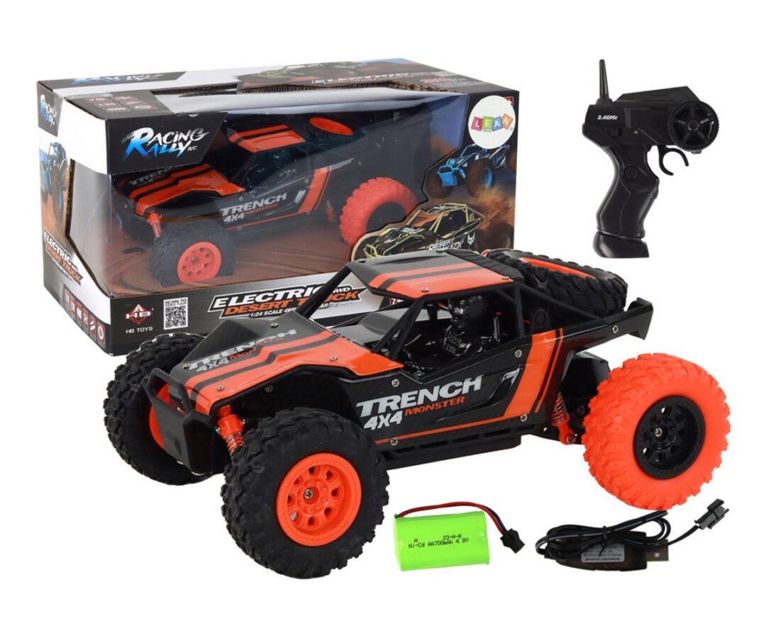 Kaugjuhitav off-road mudelauto 1:24 – oranž, komplektis puldiga ja laadijaga.