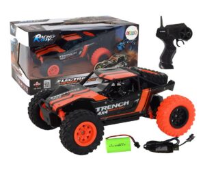 Kaugjuhitav off-road mudelauto 1:24 – oranž, komplektis puldiga ja laadijaga.