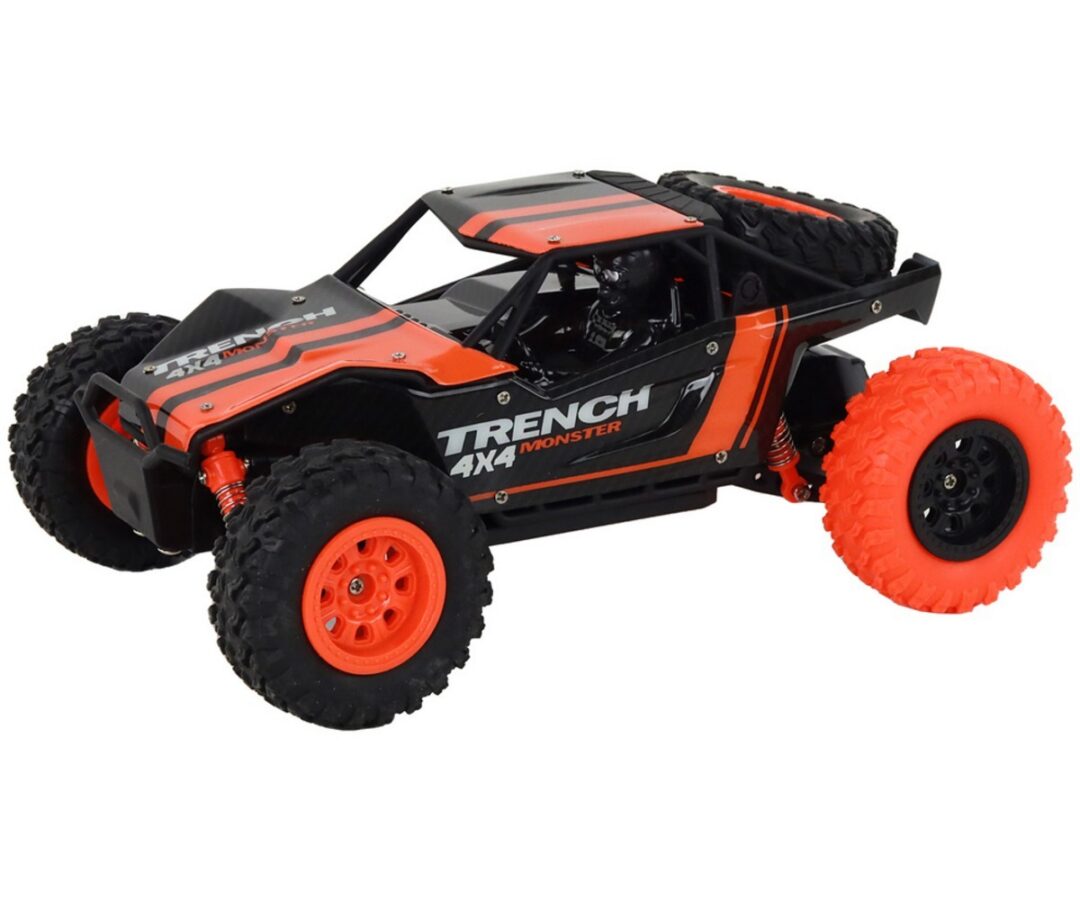 Kaugjuhitav off-road mudelauto 1:24 – oranž, külgvaade detailide näitamiseks.