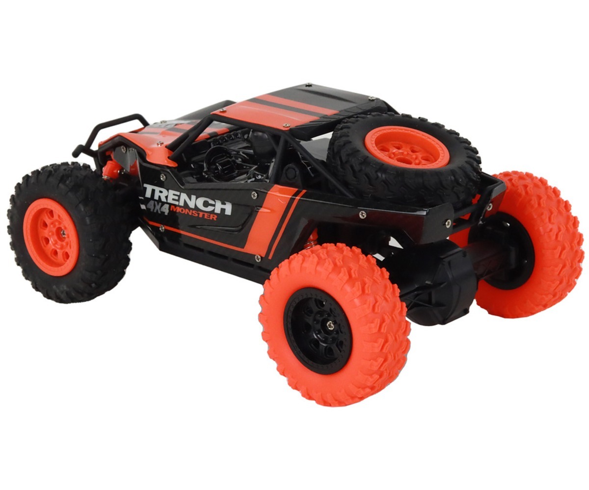 Kaugjuhitav off-road mudelauto 1:24 – oranž, tagantvaade, näidates rataste ja detailide konstruktsiooni.