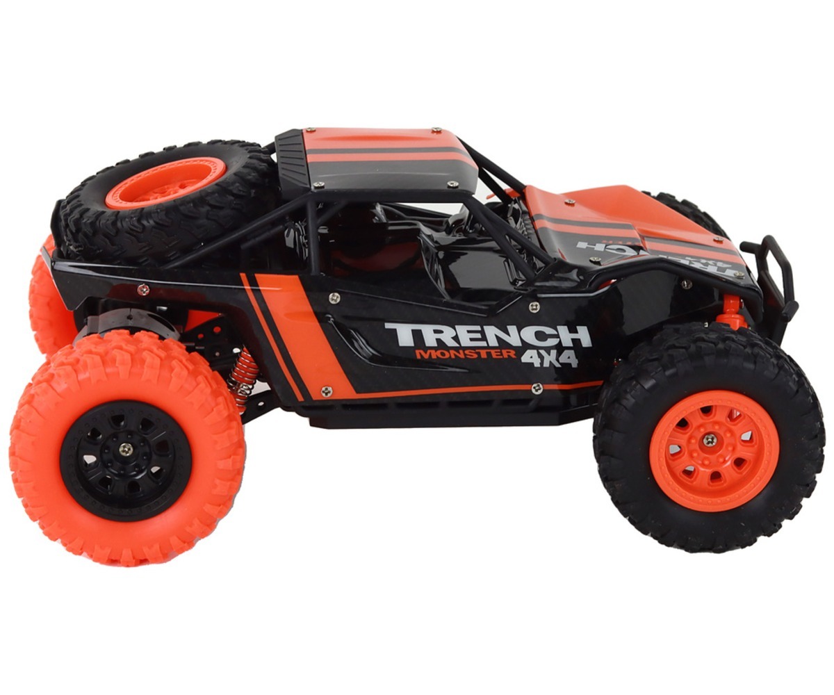 Kaugjuhitav off-road mudelauto 1:24 – oranž, näidates sõiduki struktuuri ja rehvid.