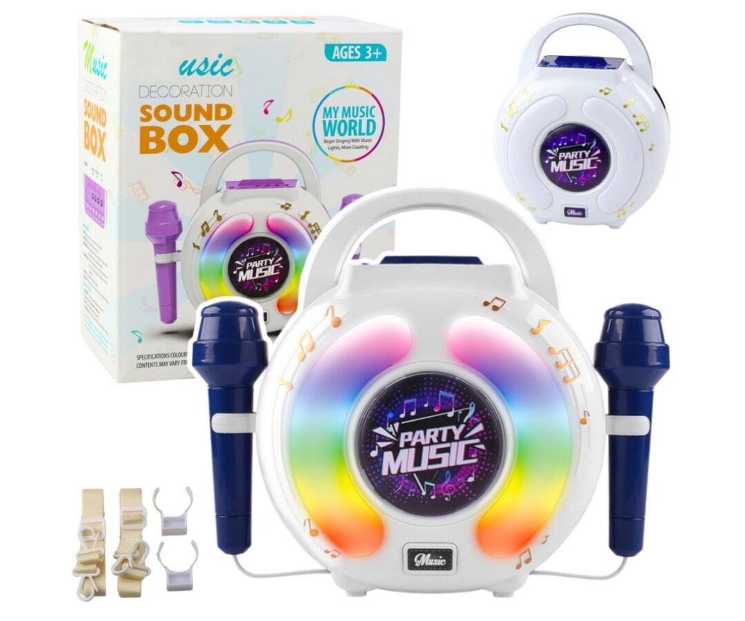 Karaoke komplekt kahe mikrofoniga – Bluetooth kõlar, mis sisaldab valget kõlarit ja kahte mikrofonit.