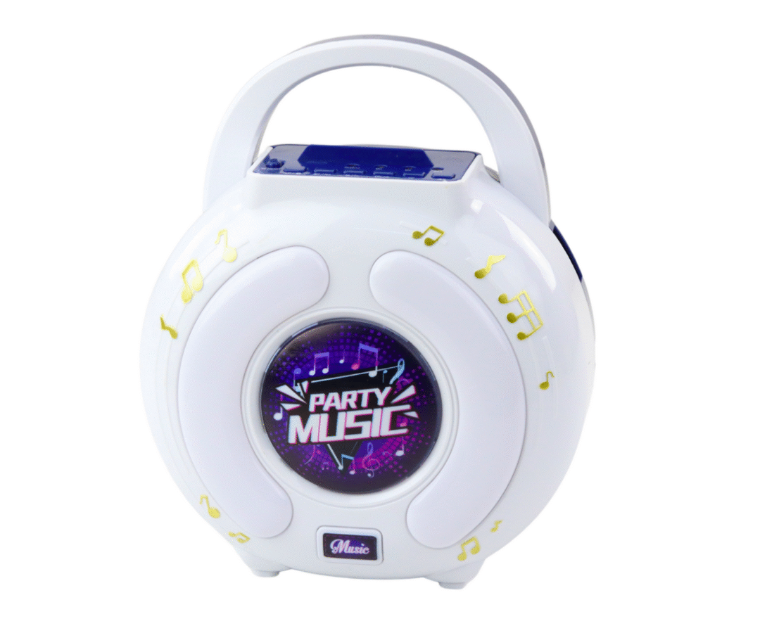 Karaoke komplekt kahe mikrofoniga – Bluetooth kõlar, kaasaskantav ja elegantne valge disain.