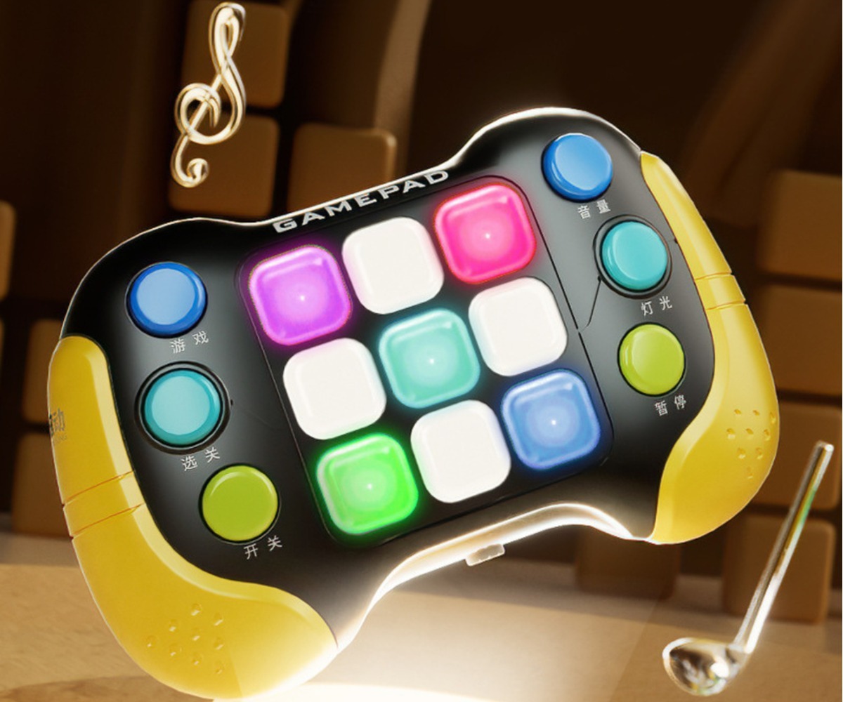Elektrooniline arcade mängu pad Pop-It LED, millel on värvilised nupud ja muusikaefektid.