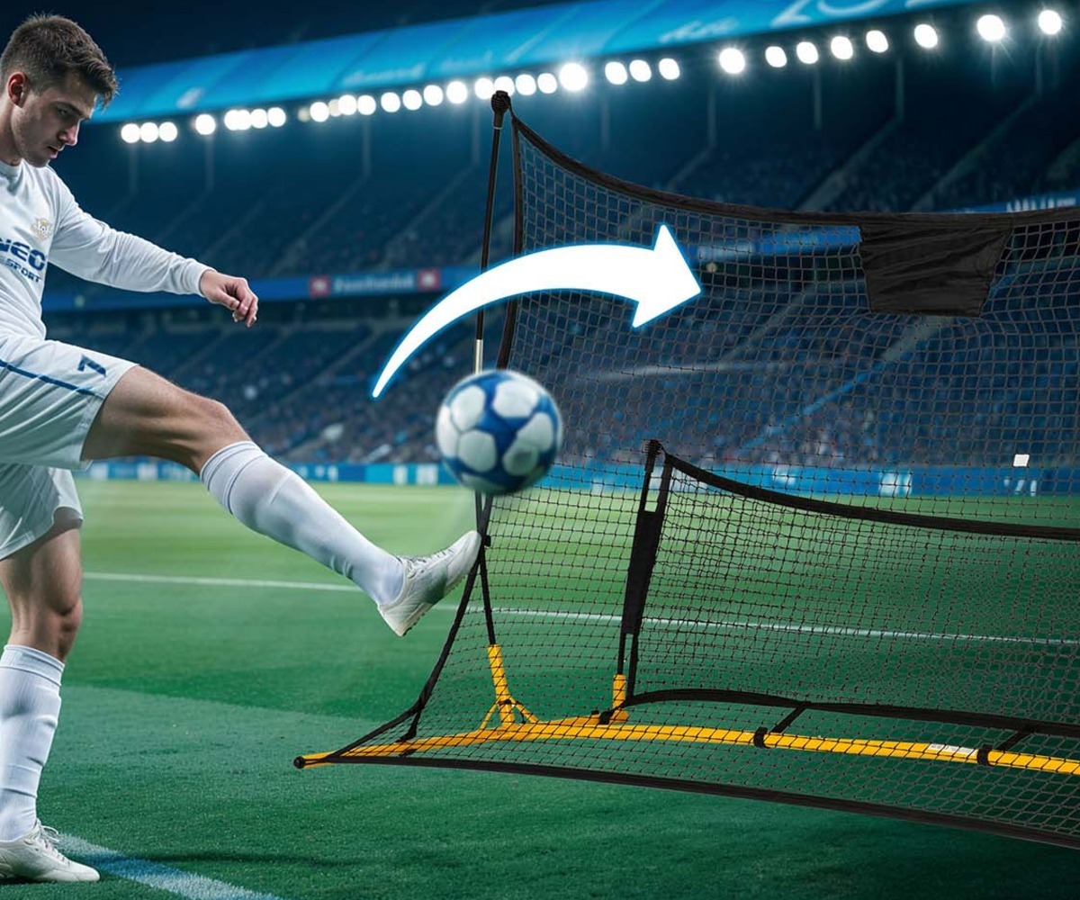 Mängija kasutab Treeninguvõrk Rebounder Neo-Sport 210x120x35cm palliharjutusteks.