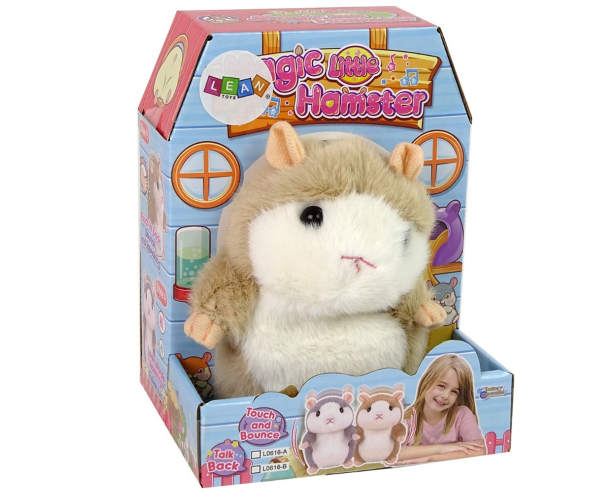 Interaktiivne juttu rääkiv hamster pruun pakendis koos mänguvõimalustega.
