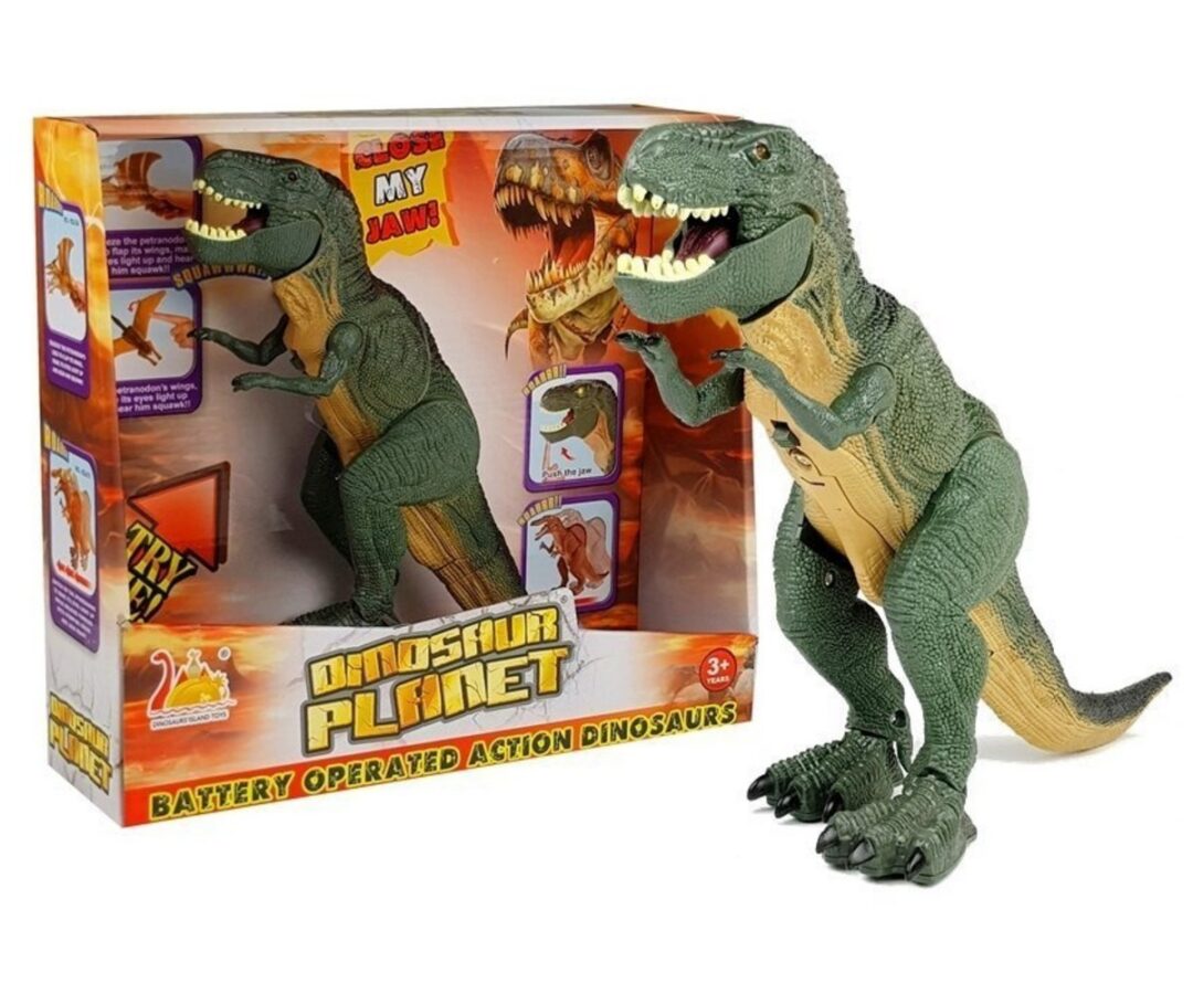 Dinosaurus Rex patareitoitega kõndiv mänguasi, mis on suures pakendis, valmis mängimiseks.