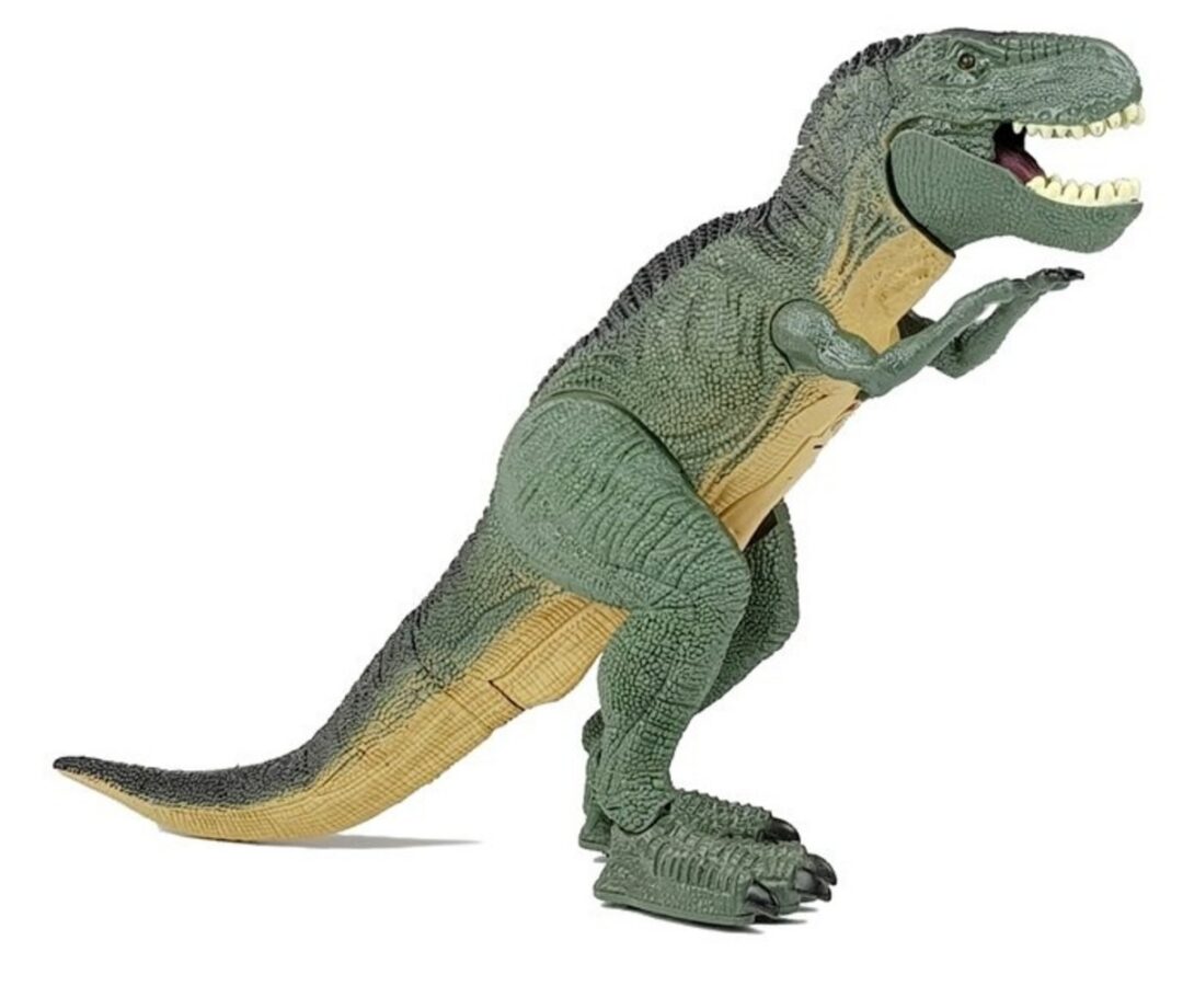 Dinosaurus Rex patareitoitega kõndiv mänguasi tervikuna, näidates detailselt kujundust.