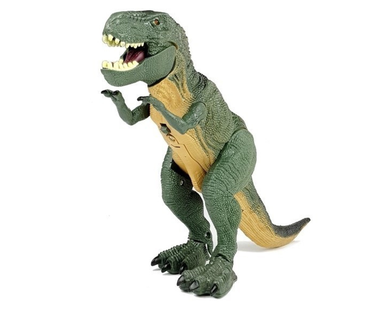 Dinosaurus Rex patareitoitega kõndiv mänguasi poseerib esiküljelt, rõhutades selle välja nägemist.
