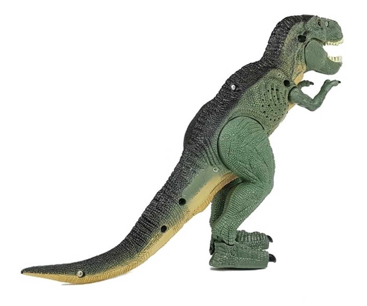 Dinosaurus Rex patareitoitega kõndiv mänguasi tagantvaates, näidates kõiki jooni.