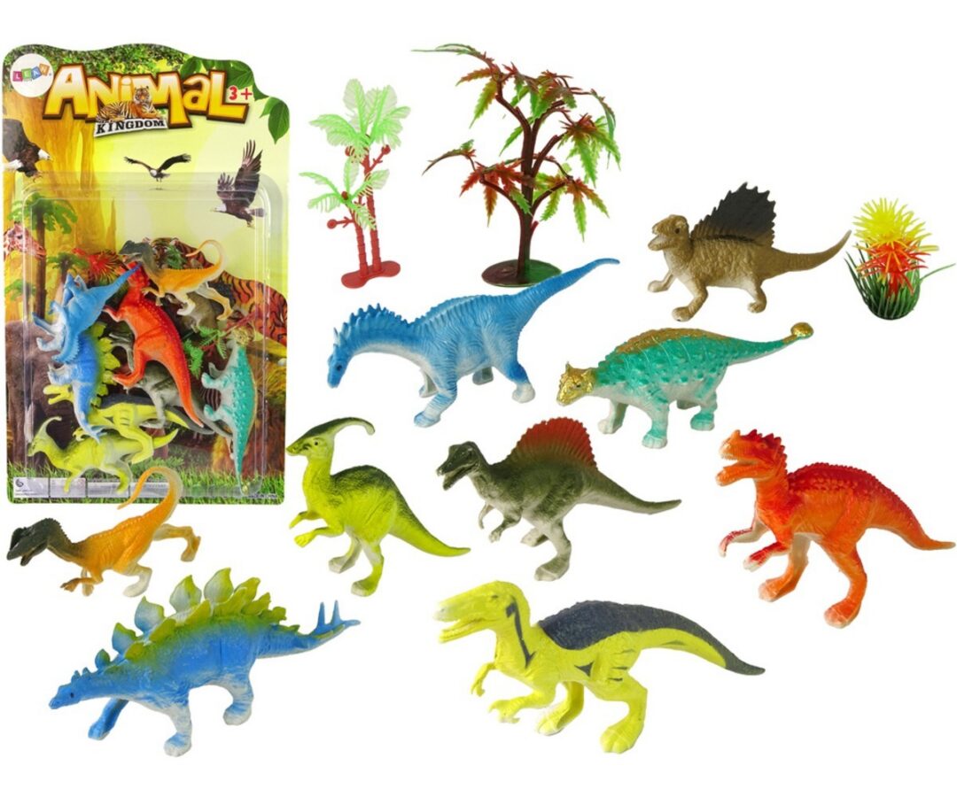 Värviline dinosauruste kujukeste komplekt, kus on 9 erinevat dinosaurust mängukomplekti sees.