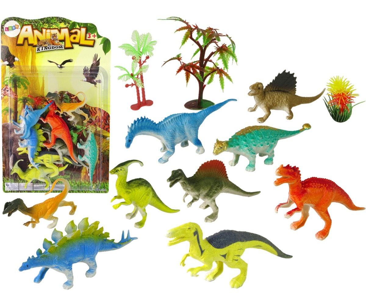 Värviline dinosauruste kujukeste komplekt, kus on 9 erinevat dinosaurust mängukomplekti sees.