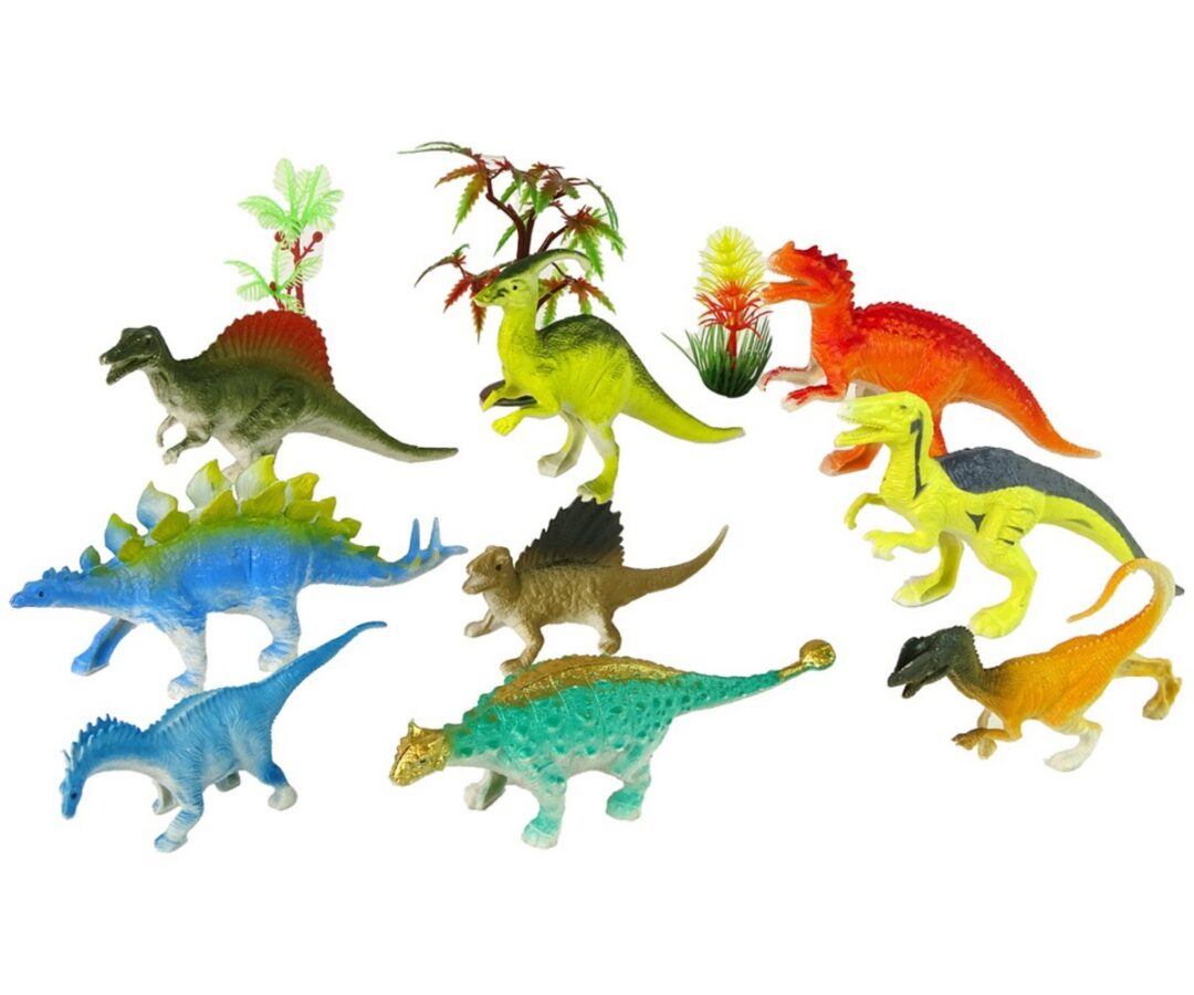 Dinosauruste kujukesed erinevates värvides, osa komplektist, mis sisaldab 9 dinosaurust.