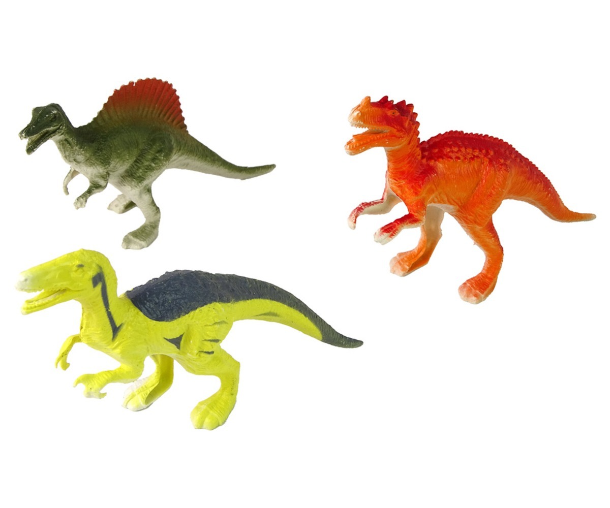 Kolm dinosaurust Värviline dinosauruste kujukeste komplektist, sealhulgas punane ja kollane dinosauruste kuju.