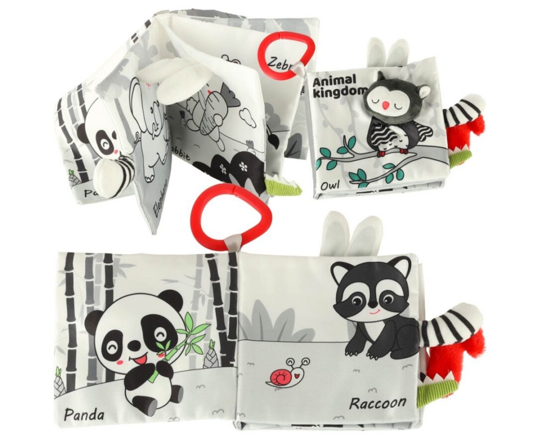 Sensoorne pehmest kangast raamat – öökull, avatud lehed, panda ja teised loomad