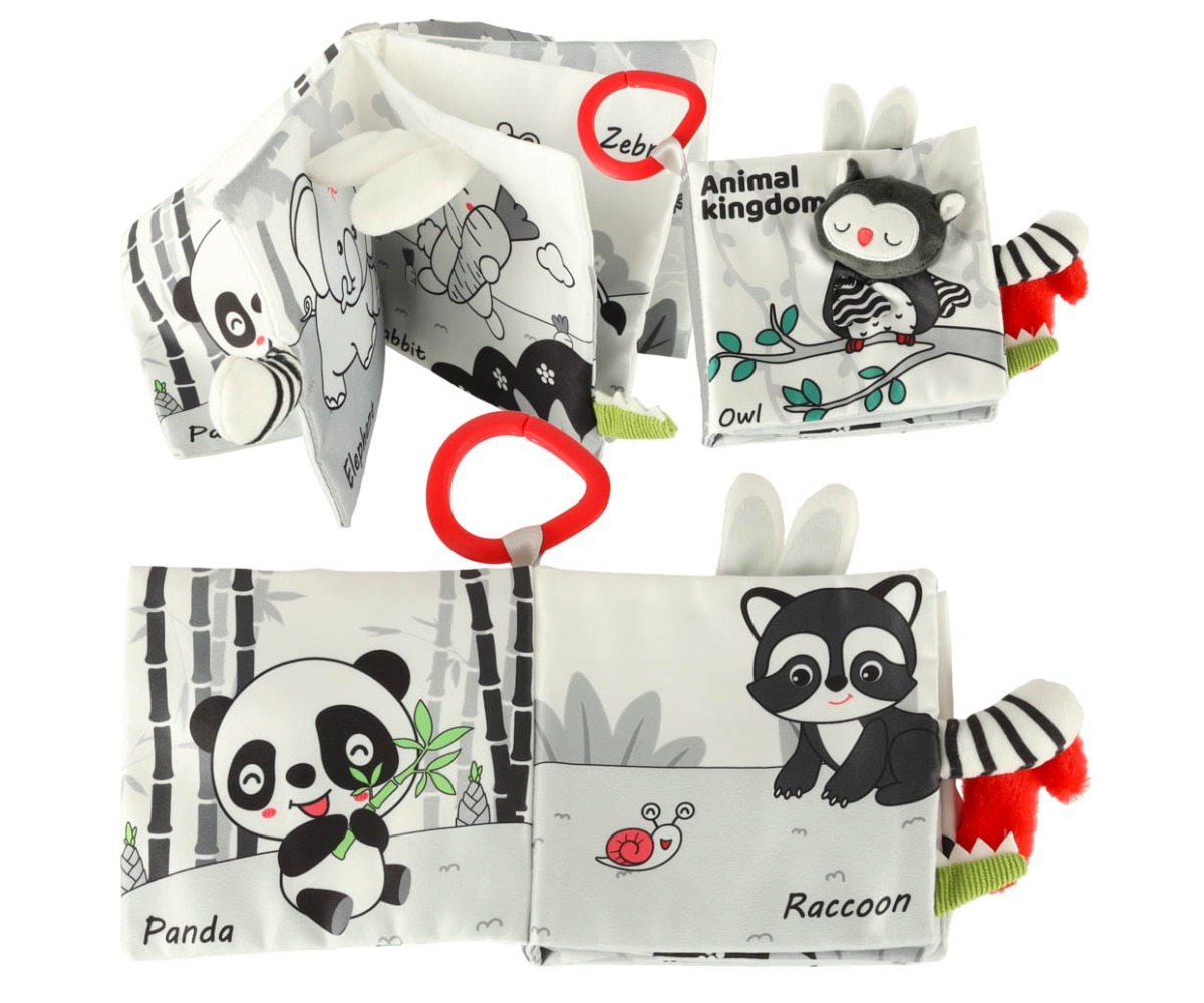 Sensoorne pehmest kangast raamat – öökull, avatud lehed, panda ja teised loomad