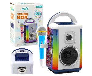 Sound Box muusikakomplekt mikrofoniga ja LED tuledega, sisaldab mikrofoniga kõlarit ja värvilisi tulesid