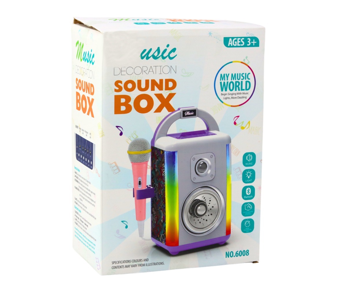 Sound Box muusikakomplekt mikrofoniga ja LED tuledega pakend, sisaldab olulist teavet toote kohta