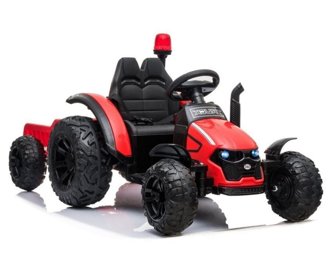 Elektriline traktor haagisega HZB-200 2x45W – punane koos suurte kummiratastega.