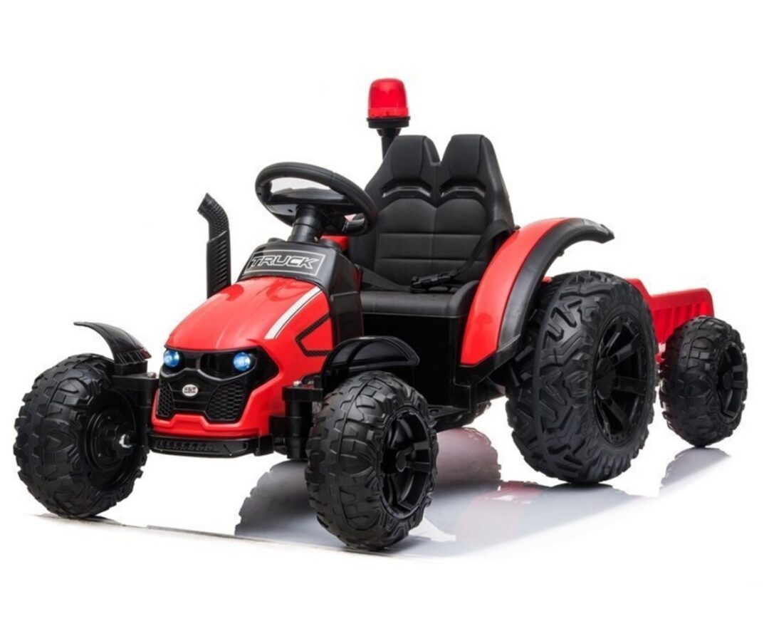 Punane elektriline traktor haagisega HZB-200 2x45W, millel on stiliseeritud disain.
