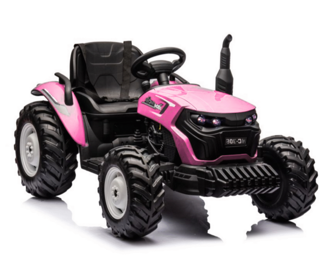 Elektriline traktor HC-306 24V 2x95W- roosa, külgvaade, hea nähtavusega ja võimsate ratastega.
