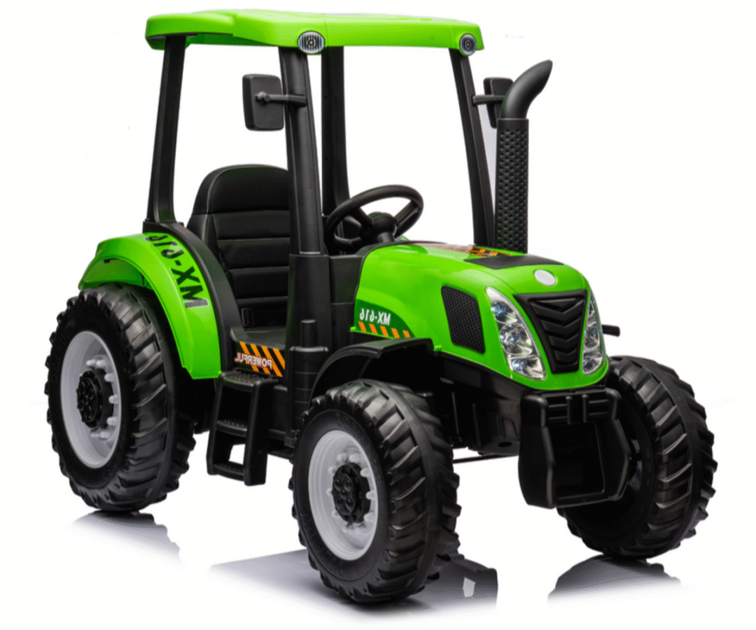 Elektriline traktor A011 24V 2x200W – roheline külgvaade, millel on detailne disain ja tugevad rehvid.