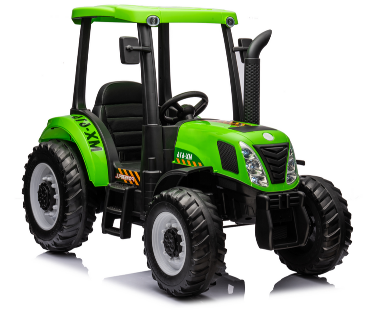 Elektriline traktor A011 24V 2x200W – roheline külgvaade, millel on detailne disain ja tugevad rehvid.