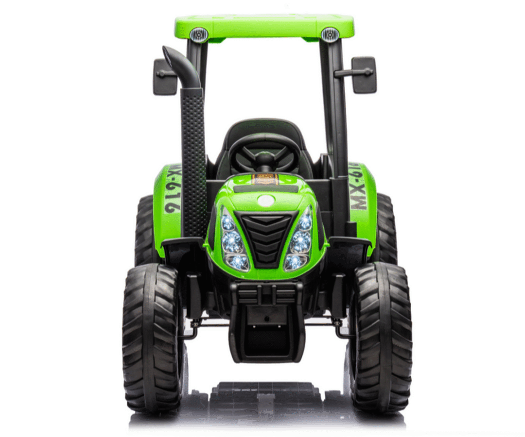 Elektriline traktor A011 24V 2x200W – roheline esivaade, mis näitab LED-tuled ja mugavat salongi.