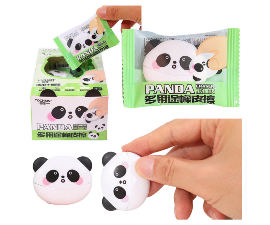 Panda kujuline kustutuskumm vaatega eest ja küljelt