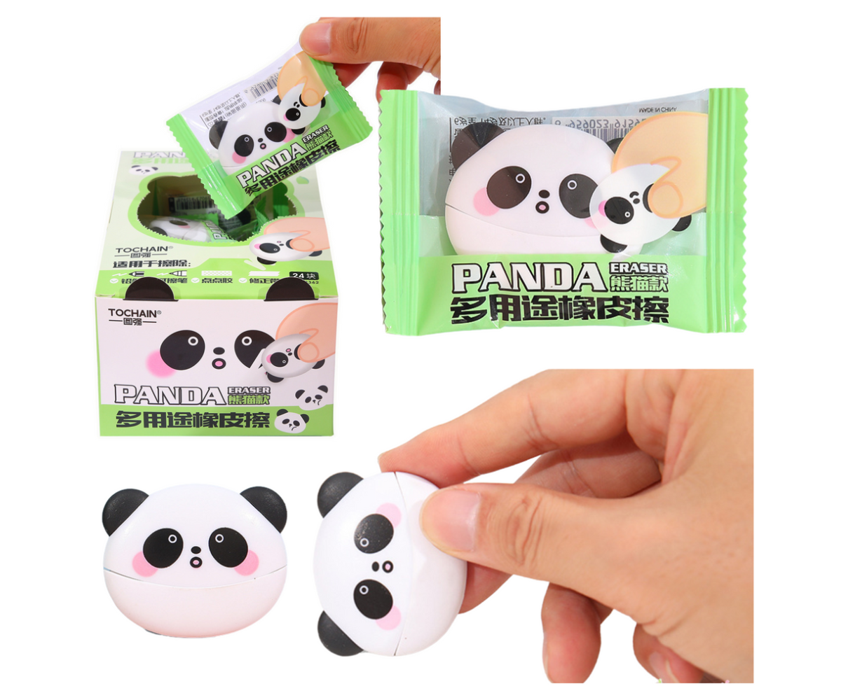 Panda kujuline kustutuskumm vaatega eest ja küljelt