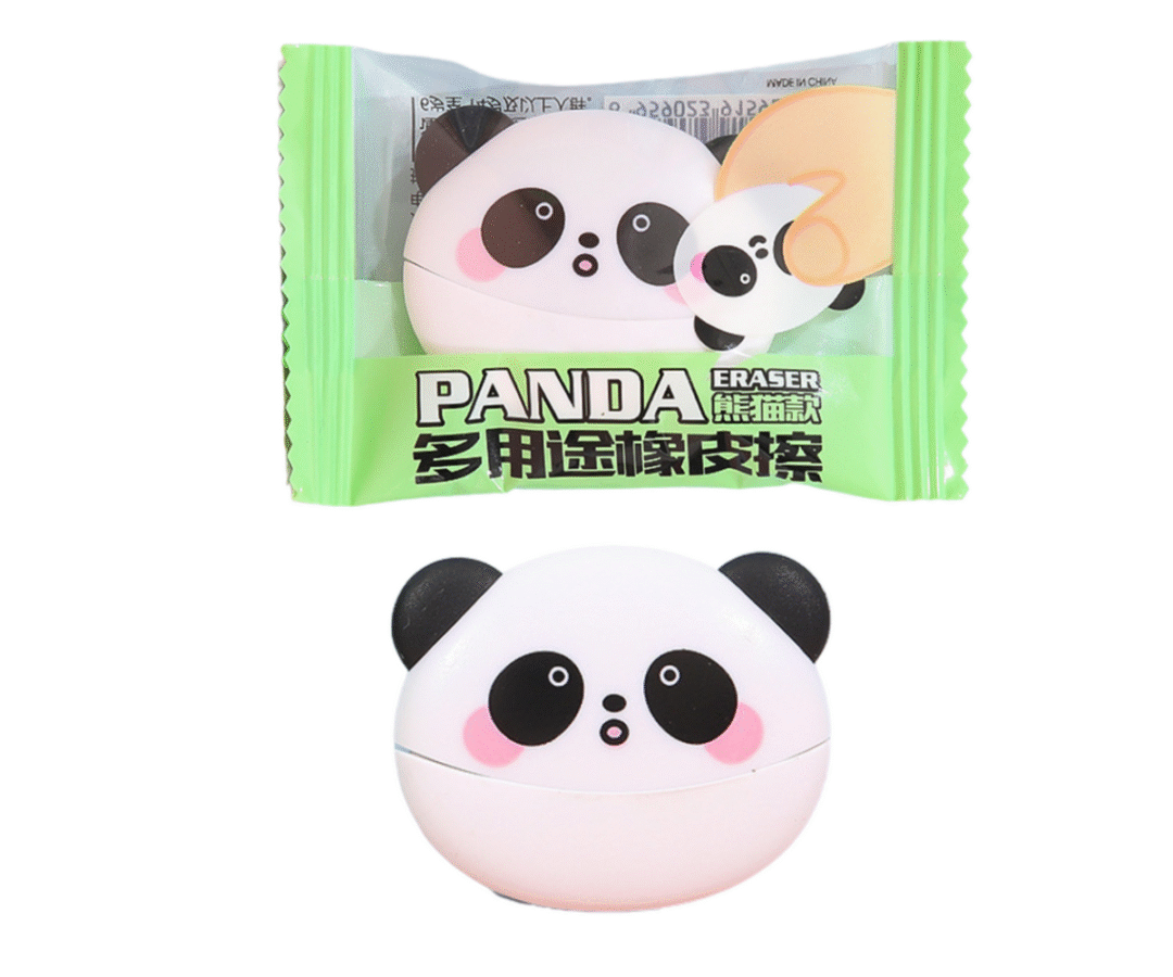 Kustutuskumm panda kujul koos värviliste pliiatsite ja pinaliga