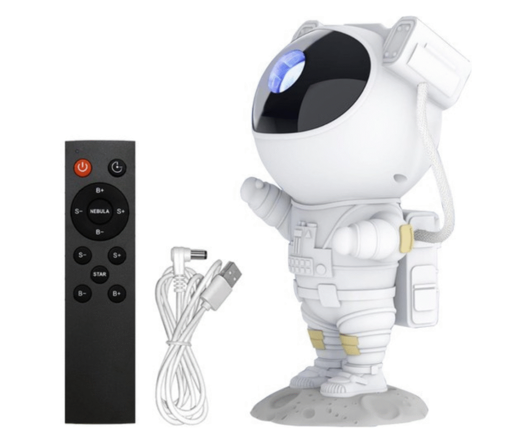 LED öölamp ja täheprojektor lastele 23cm – Astronaut + pult
